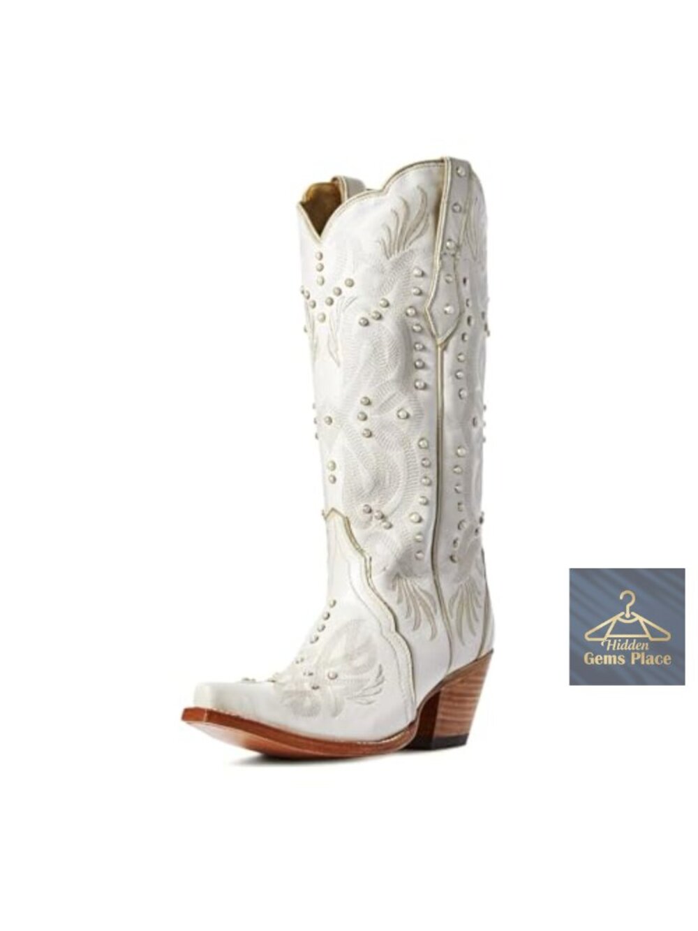 Pearl Embroidered Knee-High Cowboy Boots Pointed Toe Chunky Heel